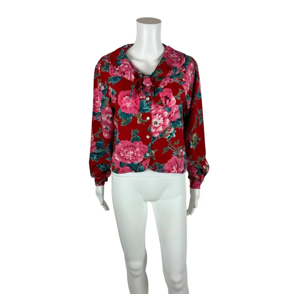 Vintage 90s Floral Blouse Women's Medium Red Pink Print Rayon Necktie Top - Picture 11 of 11